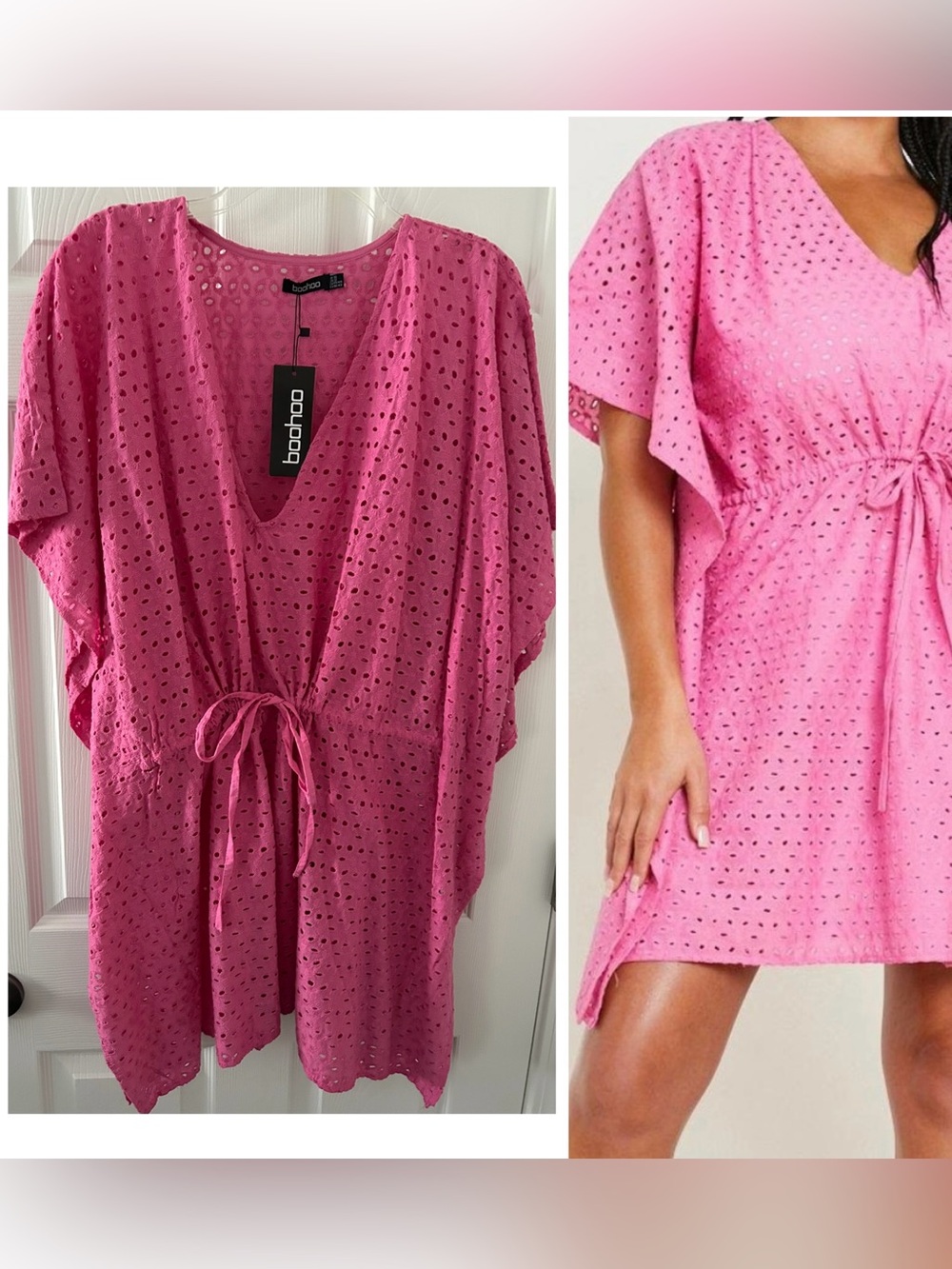 Boohoo Hot Pink Eyelet V-Neck Drawstring Tunic Swimsuit Coverup